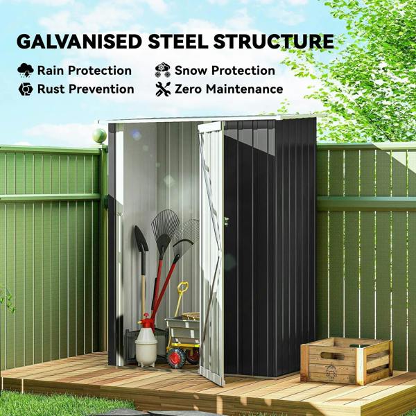 Grey metal garden shed with sloped roof, open door and tools on inner shelves