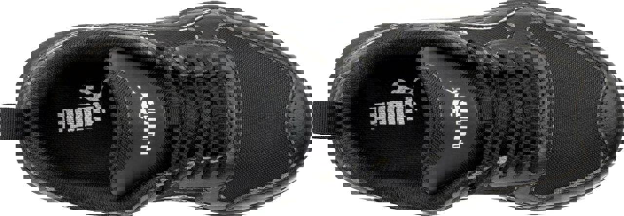 PUMA Safety PUMA Shift Mens S3S Composite Toe Midsole Work Shoes Trainers, top view of black work shoes with lace-up design and cushioned insole.