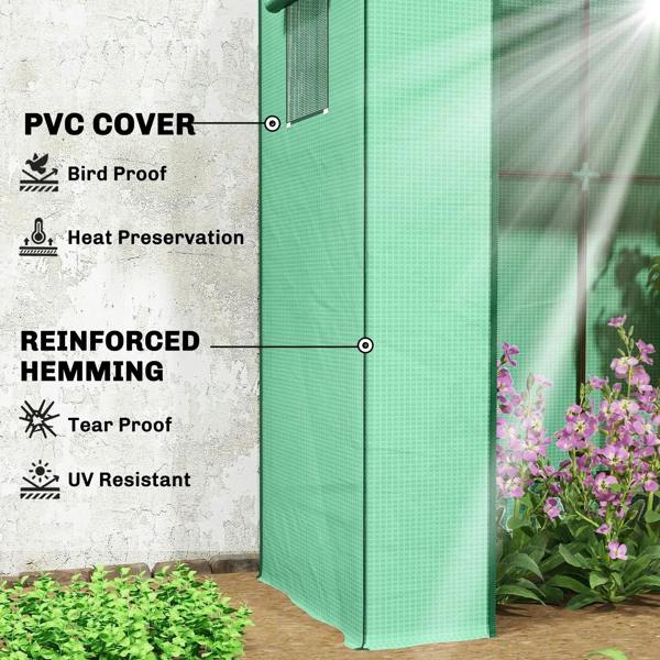 Green mesh greenhouse side panel with reinforced stitching and zippered flap