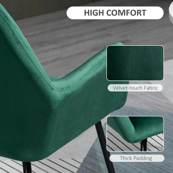 Green upholstered accent chair with soft velvet-touch fabric and thick padding; black legs
