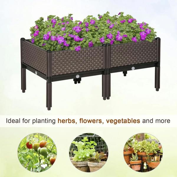 Set of 2 brown elevated planter boxes filled with purple flowers