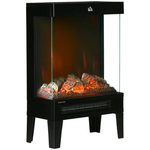Bobobiy 180° Charming Electric Fireplace Heater, Quiet Freestanding Stove with LED Flame Effect, Level-less Temperature Control, 1000W/2000W, Black