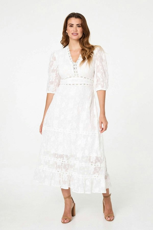 White | Lace 3/4 Sleeve Tiered Midi Dress