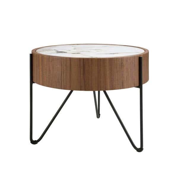 Angel Cerdá Round corner table in porcelain marble, walnut and black steel 2139