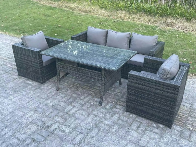 Fimous 5 Seater PE Wicker Rattan Garden Furniture Set Patio Chair and Rectangular Dining Table Set Dark Grey Mixed