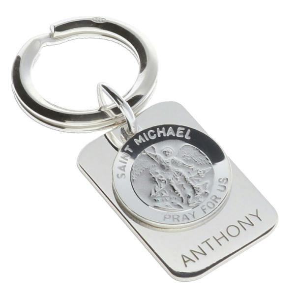 Christopher James of London Sterling Silver Personalised Rectangle St Michael Keyring With Prayer