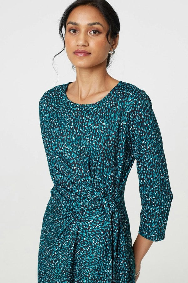 Green | Animal Print Knot 3/4 Sleeve Short Dress
