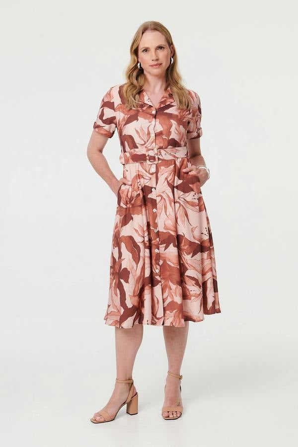 Rust | Leaf Print A-Line Midi Shirt Dress