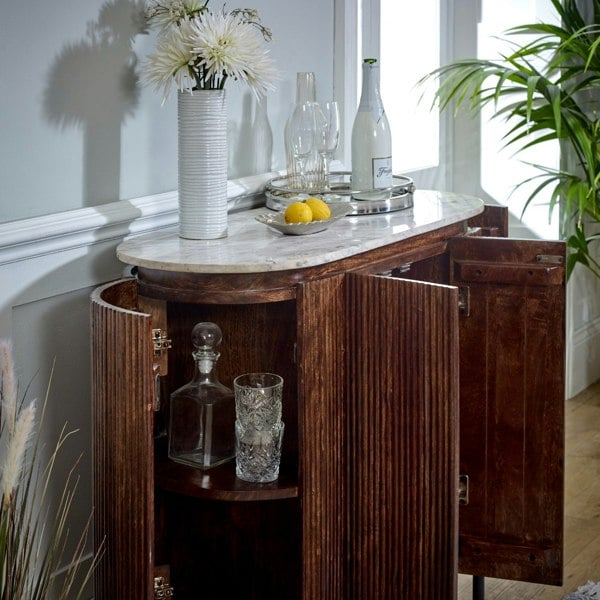 IH Design Miel Mango Wood Sideboard/Drinks Cabinet With Marble Top & Metal Legs
