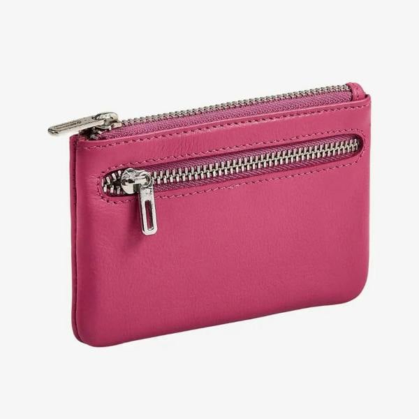 Pink real leather coin purse with twin zip compartments
