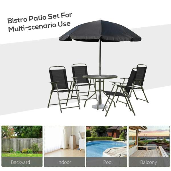 Black bistro dining set with open umbrella, round glass table, and four folding chairs