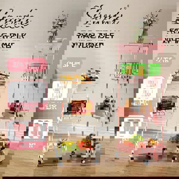 Levede Metal Storage Trolley on Wheels 3/4 Tier with Drawer Pink Rolling Cart