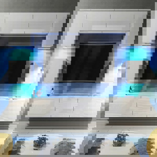 Mex Furniture Modern Wall Unit 242cm – White Matt Body & White Gloss Doors – 9 Elements with Full Storage + Free RGB LED