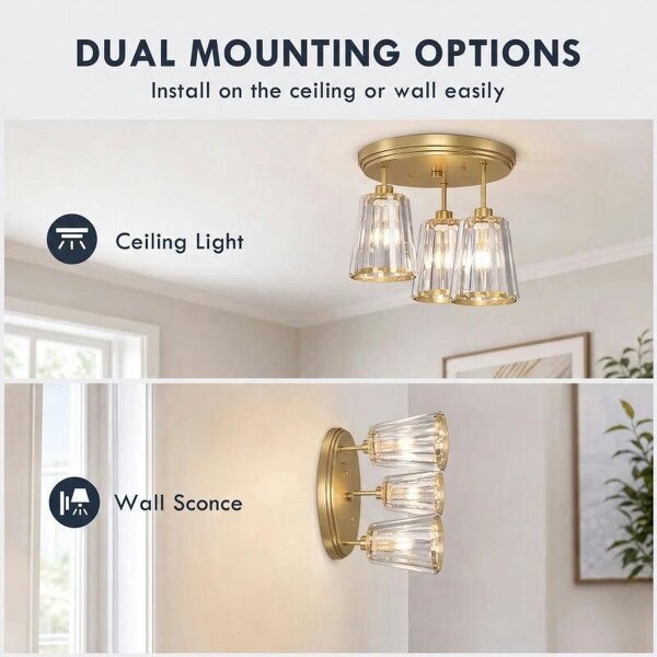 3-Light Crystal Glass Ceiling Light, Triple Head with Dual Mounting, Modern Ceiling Lamp for Living Room, Gold Tone