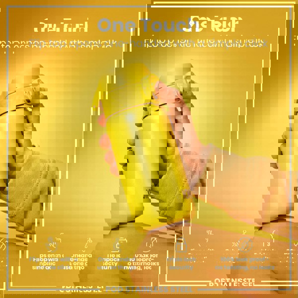 A yellow stainless steel water bottle is held; its flip top opens with a one-handed click. The bottle features triple lock security and is 100% leakproof. The background is yellow.