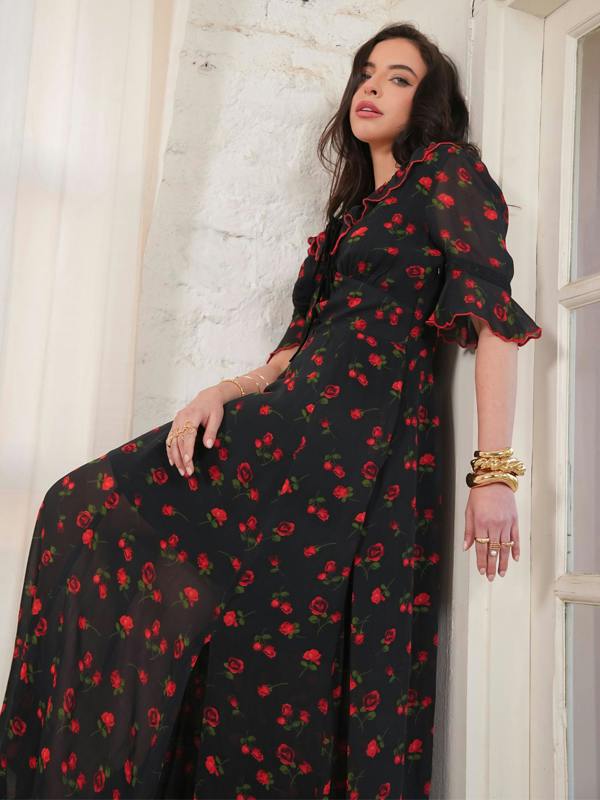 Rose & Nancy Toni Red Rose Print Velvet Tie Maxi Dress&nbsp;
