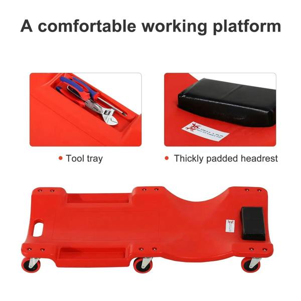 Red mechanic creeper with built-in tool tray and thick padded black headrest