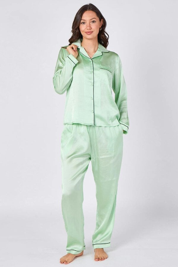 Mint Green Satin Pyjama Set – Luxury Long Sleeve Ladies PJ Set