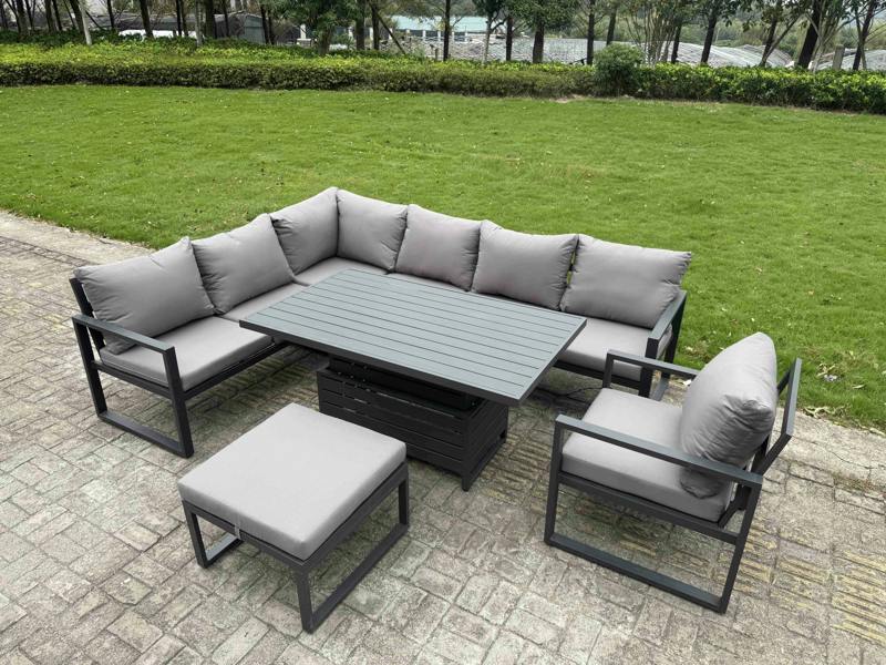 Fimous Aluminium Garden Furniture Sets,8 Seater Outdoor Conversational Dining Set with Adjustable Rising Lifting Dining Table Cushions