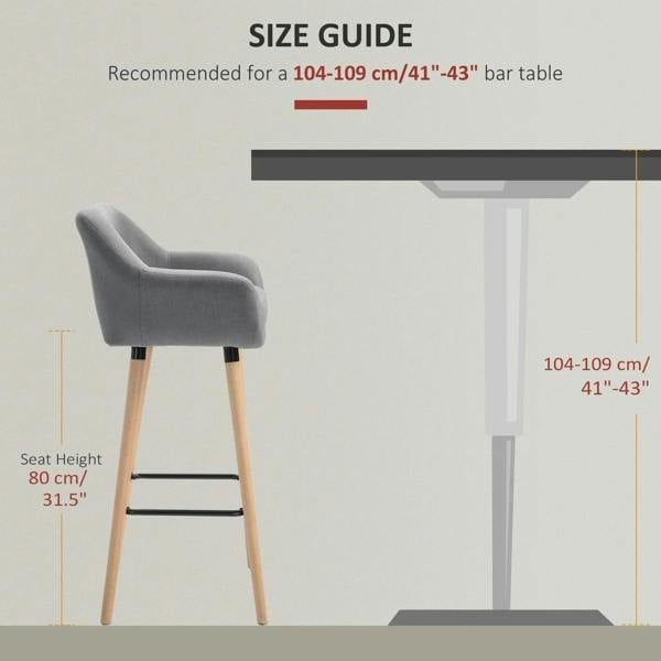 Grey bar stool with 80 cm seat height, black footrest, and wooden legs