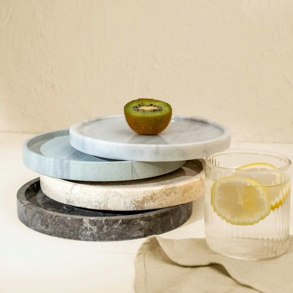 Beige marble round vanity tray genuine stone bathroom organiser