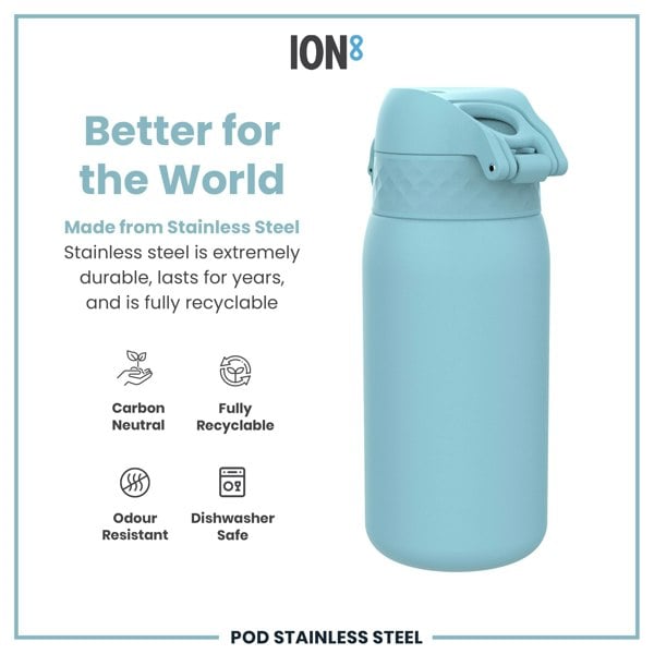 A light-blue stainless steel water bottle sits on a white background. It's described as better for the world, durable, recyclable, carbon neutral, odour resistant and dishwasher safe.