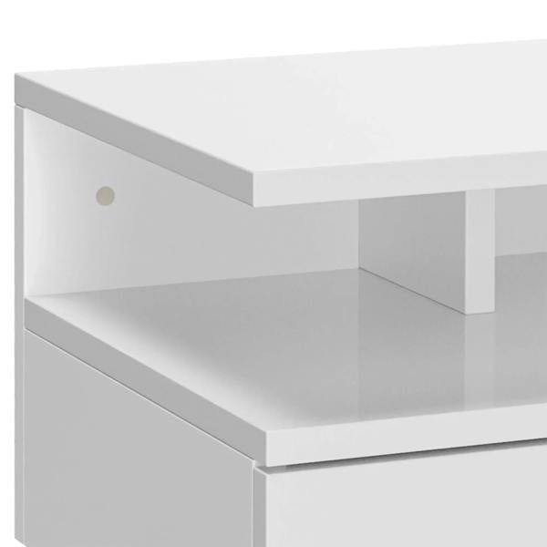 White floating bedside table close-up showing open compartments and drawer front