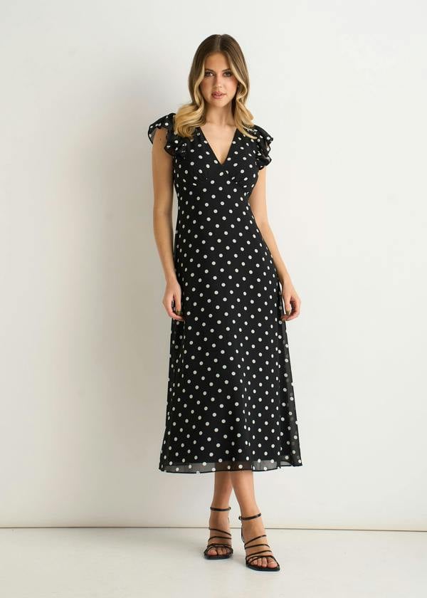 Gini London Black V Neck Angel Sleeves Skater Midi Dress