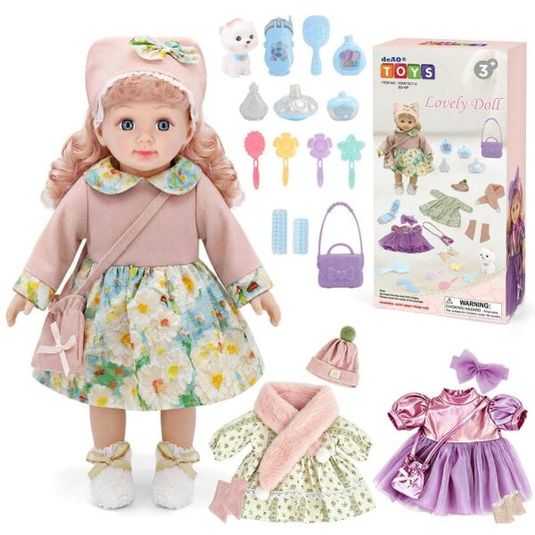 deAO Toys Baby Doll Gift Set with Outfits, Cat Figure & Hair Accessories – Dress‑Up Fashion Doll Playset for Kids Ages 3+