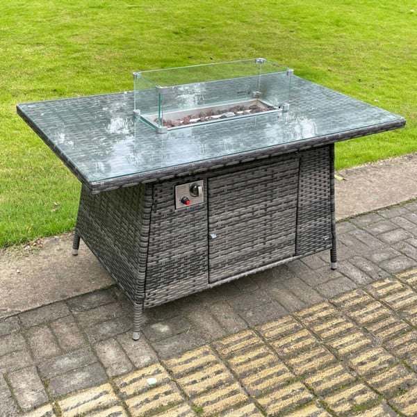 Fimous Outdoor PE Dark Mixed Grey Rattan Propane Butane Gas Fire Pit Dining Rectangular Oblong Table Gas Heater Burner Garden Furniture Accessory