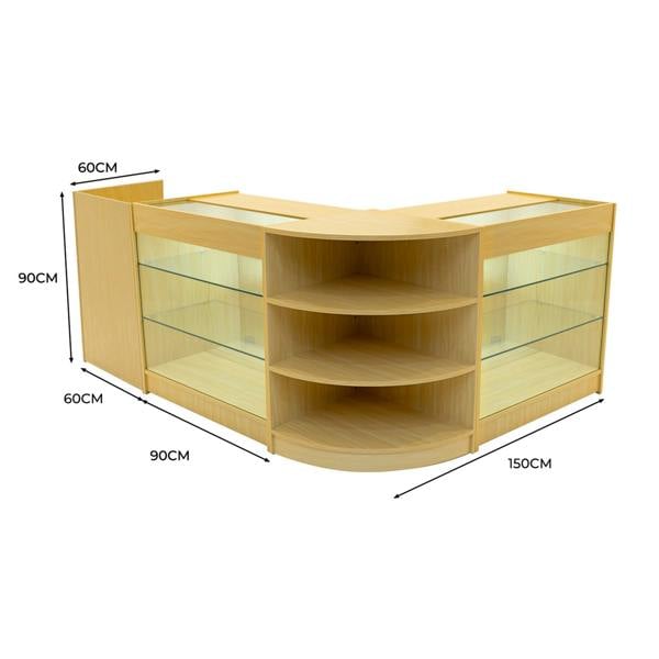 Astro LED Shop Counter Set in maple finish features sleek glass shelves, curved design, and integrated LED lighting for modern retail display