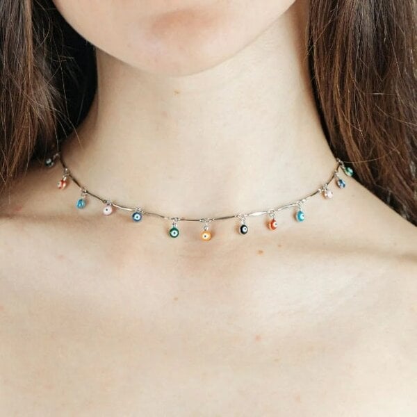 The Colourful Aura Evil Eye Dainty Rainbow Dangle Devil Eye Protection Charm Adjustable Necklace