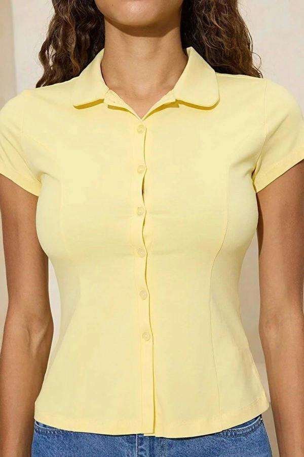 WOVCOR Fitted Peter Pan Collar Buttoned Cotton Stretch Knit Blouse