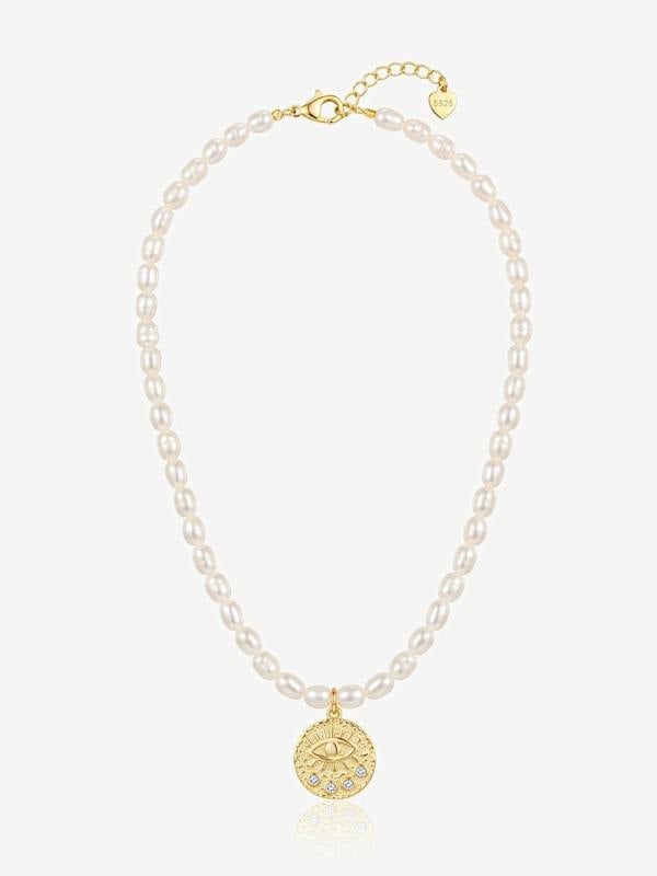 MUCHV Evil Eye Pearl Coin Necklace