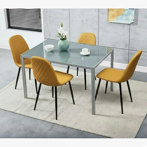 Kosy Koala Modern Grey Glass Dining Table Set with 4 Mustard Gem Pattern Chairs Dining Room Furniture