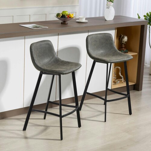 Wyld Haus Nora Set Of 2 Grey Faux Leather Dining Bar Stools With Back And Foot Support