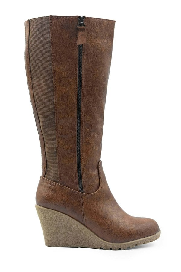 Where's That From Lara Wedge Heel Mid Calf High Boots With Side Zip in Chocolate Brown Faux Leather