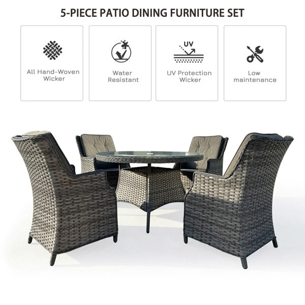 Furniture One 4 Seater Outdoor Rattan Dining Set, 5 pcs Luxury Wicker Dining Set with Soft Cushion Armchair, Tempered Glass Top Table