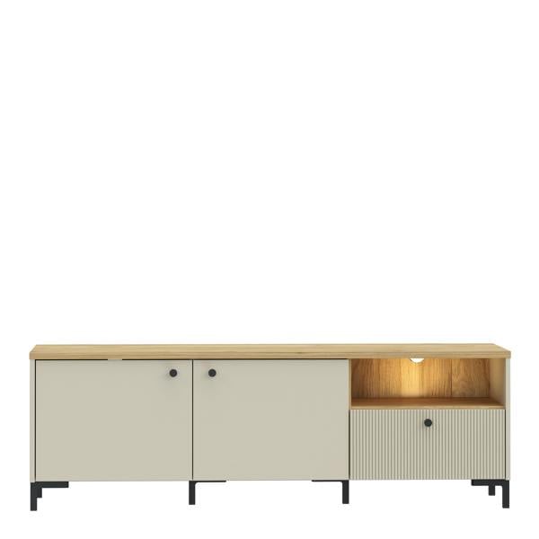 Furniture To Go Bixbite Wide TV Unit with Fluted Drawer, Open Shelf & Cupboard in Mauvella Oak and Sand