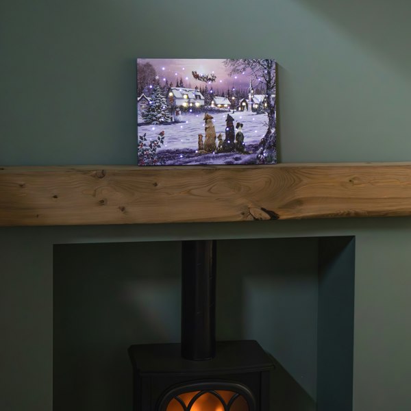 Samuel Alexander 40 x 30cm Battery Operated Light up Fibre Optic Dogs Watching Santa Christmas Wall Canvas