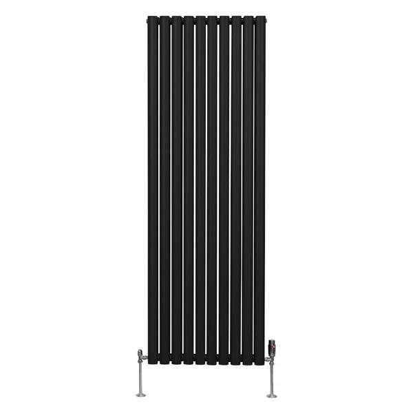 Sleek black oval column radiator measuring 1800mm x 600mm with vertical bars and stylish valves, ideal for modern interiors