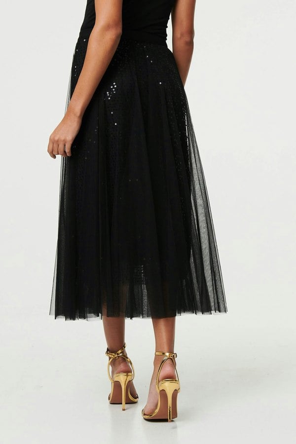 Black | Embellished Mesh Layer Midi Skirt
