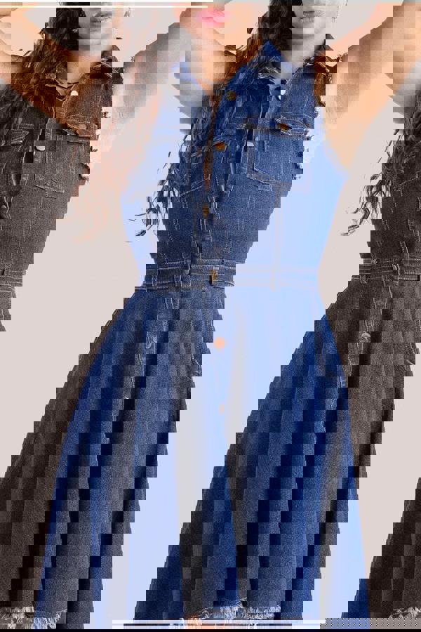 Denim Sleeveless High And Low Midaxi Dress - Navy Denim DR4131