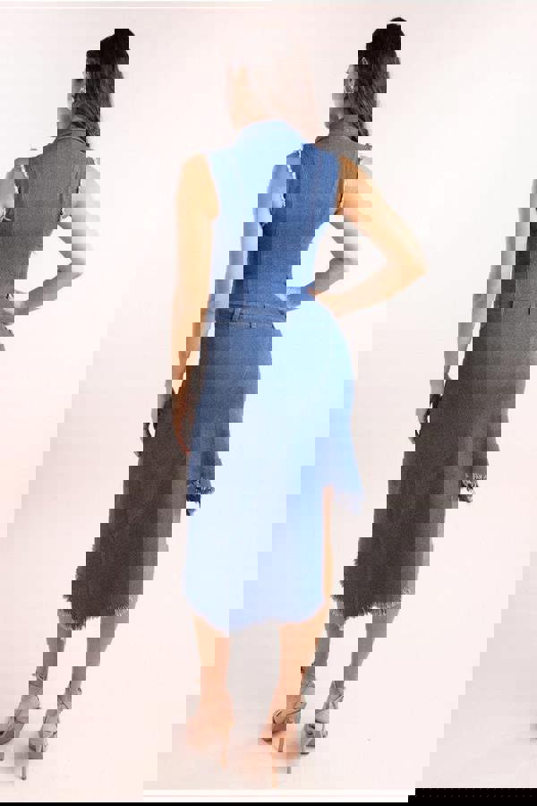 Denim Frayed Asymmetric Sleeveless Midaxi Shirt Dress - Blue Denim DR4130