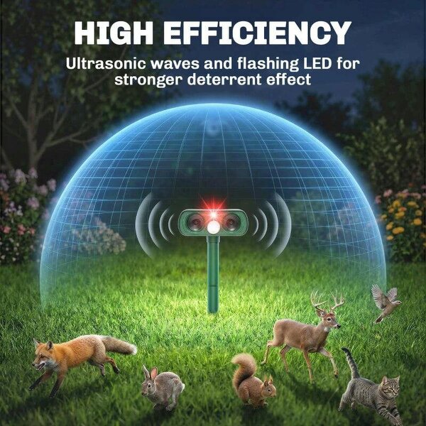 Ultrasonic Cat Repellent, PIR Motion Sensor 110°, LED Flash, Solar Cat Deterrents for Gardens UK