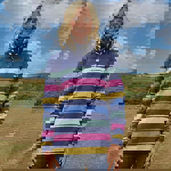 Lazy Jacks Women's Striped Button Neck Sweatshirt - Multicoloured