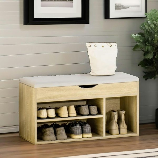 Rafaelo Mobilia Industrial Shoe Storage Bench With Cushion Seat Oak