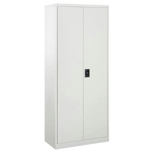 Lockable tall filing cabinet in white with two doors and a built-in security lock.