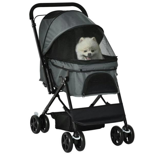 Grey pet stroller with front canopy and wheels, showing a small dog inside.