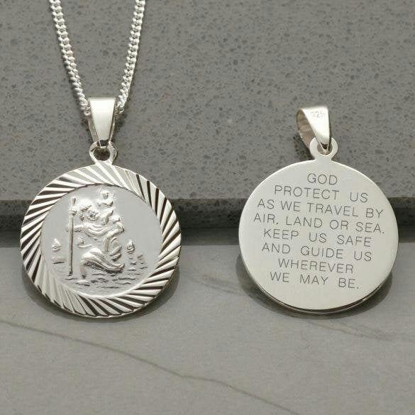 Christopher James of London Sterling Silver 20mm Diamond Cut St Christopher Pendant With Travellers Prayer and Optional Chain